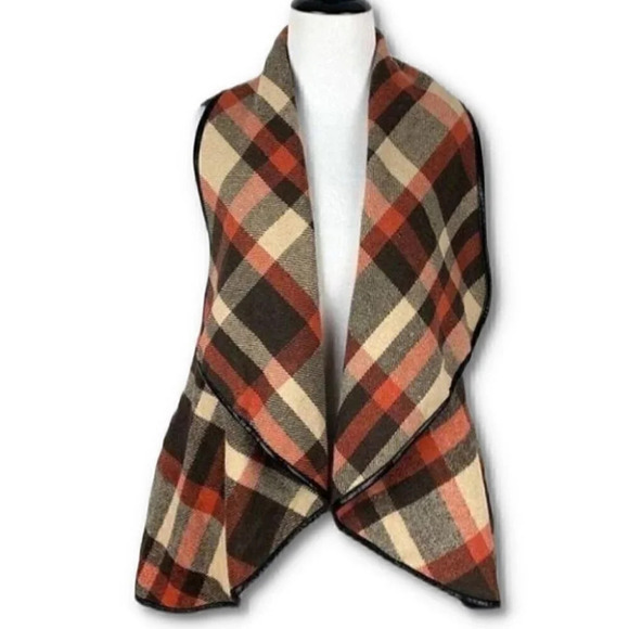 sweater size M plaid open front faux leather - Picture 1 of 9